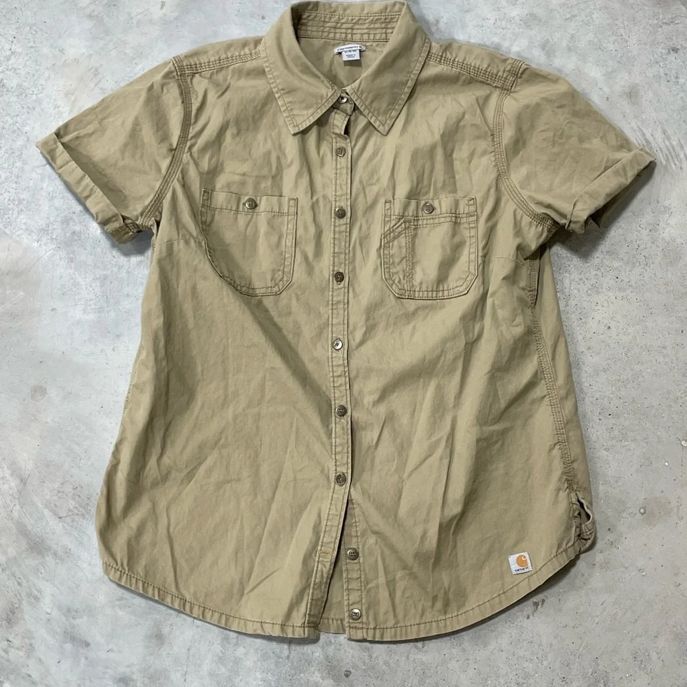 Carhartt Womens Brown Duck Short Sleeve Top Blouse Button Down Size Medium 8-10 - Picture 2 of 7